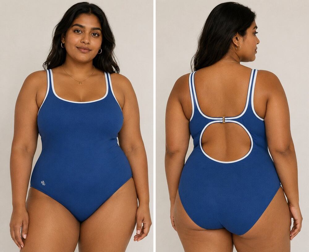 Lauren Ralph Lauren Blue White One Piece Swimsuit Women’s Size 16 Open Back Logo